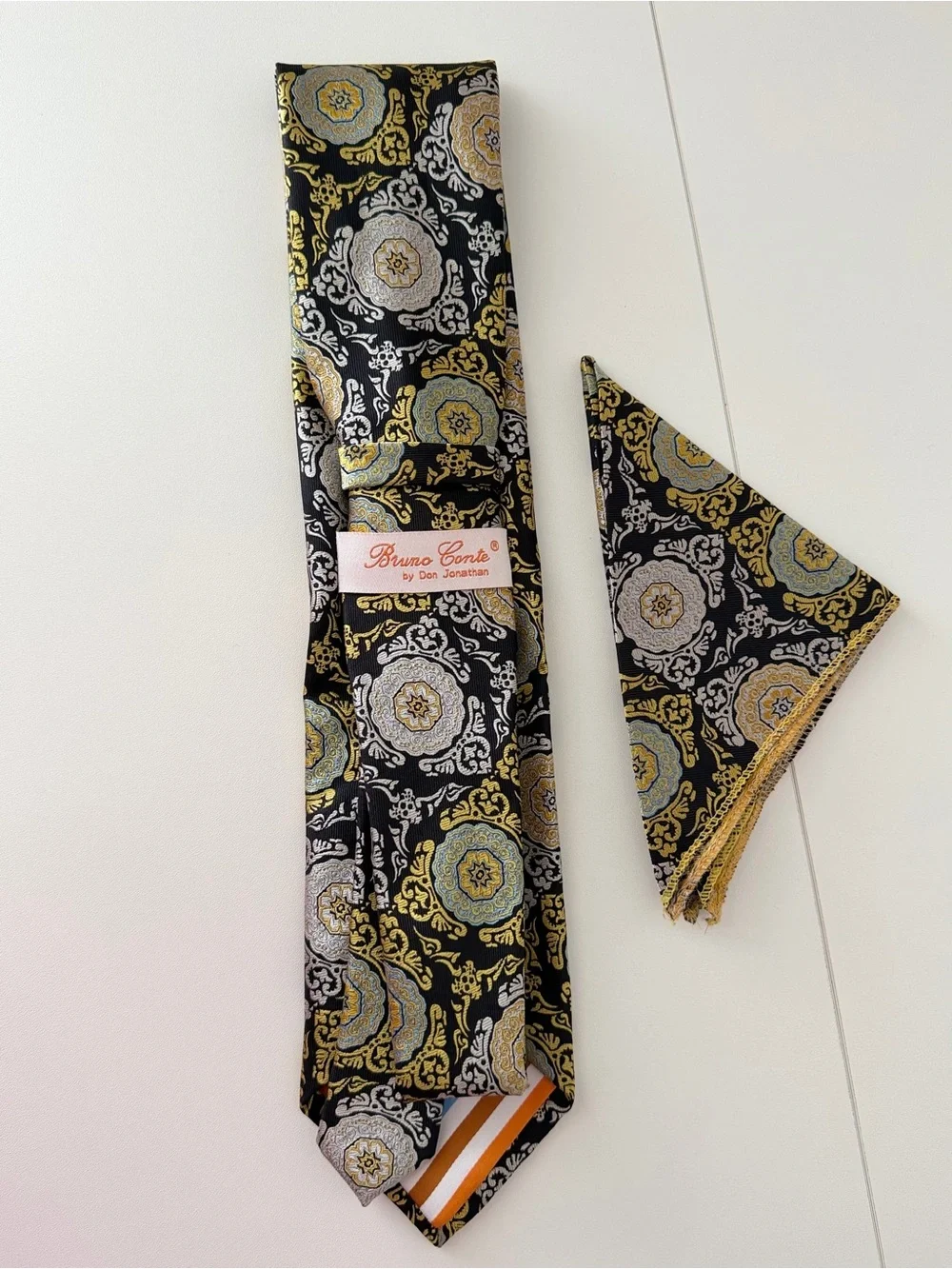 Bruno Conte Medallion Silk Tie & Pocket Square Black Gold Blue Paisley Set
